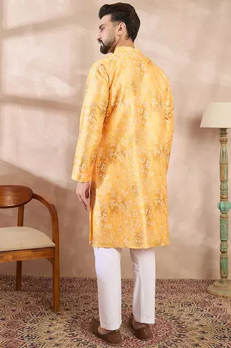 Men yellow silk blend ethnic motifs printed straight kurta with trouser