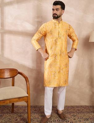 Men yellow silk blend ethnic motifs printed straight kurta with trouser 5