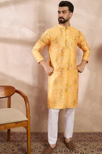 Men yellow silk blend ethnic motifs printed straight kurta with trouser