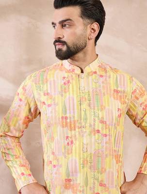 Men yellow silk blend abstract printed straight kurta with trouser 1