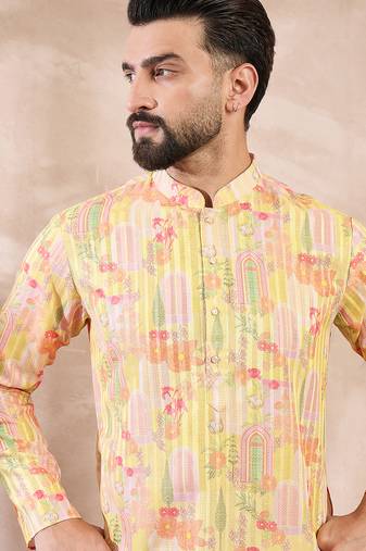 Men yellow silk blend abstract printed straight kurta with trouser