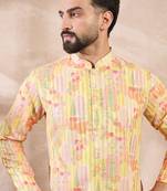 Men yellow silk blend abstract printed straight kurta with trouser