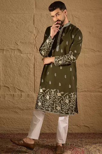 Men olive vertican solid embroidered straight kurta