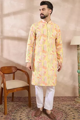 Men yellow silk blend abstract printed straight kurta with trouser