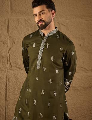 Men olive vertican solid embroidered straight kurta 2