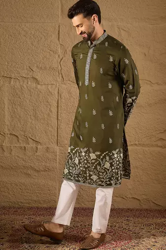 Men olive vertican solid embroidered straight kurta