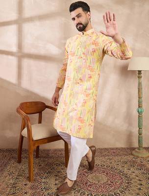 Men yellow silk blend abstract printed straight kurta with trouser 3