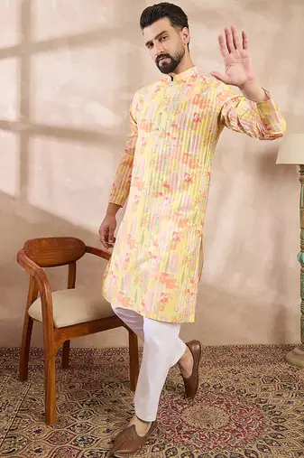 Men yellow silk blend abstract printed straight kurta with trouser