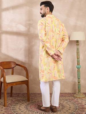 Men yellow silk blend abstract printed straight kurta with trouser 4