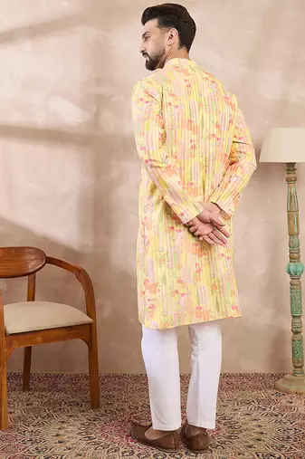 Men yellow silk blend abstract printed straight kurta with trouser