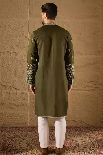 Men olive vertican solid embroidered straight kurta