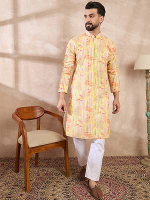 Men yellow silk blend abstract printed straight kurta with trouser 5