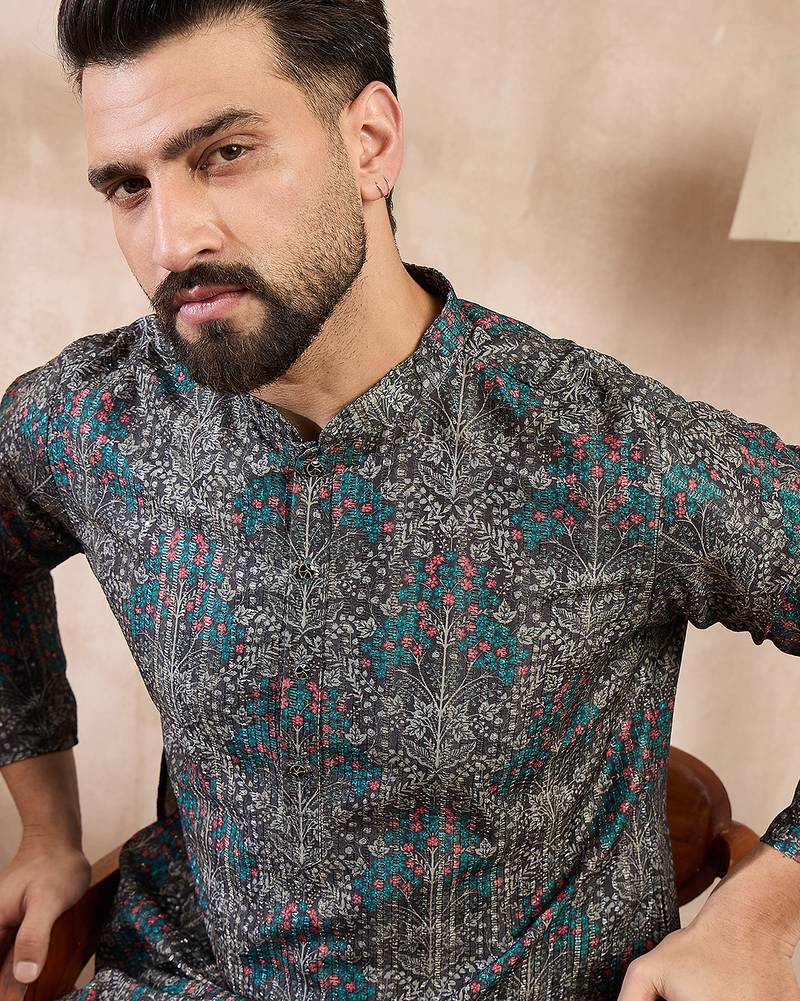Men black silk blend floral printed straight kurta with trouser