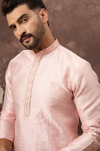 Men pink silk blend solid woven design straight kurta