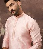Men pink silk blend solid woven design straight kurta