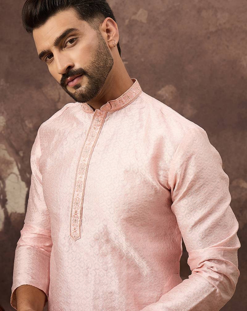 Men pink silk blend solid woven design straight kurta