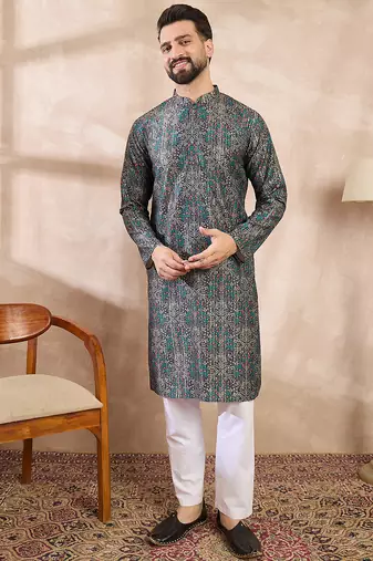 Men black silk blend floral printed straight kurta with trouser