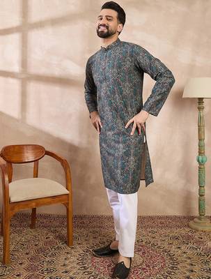 Men black silk blend floral printed straight kurta with trouser 3