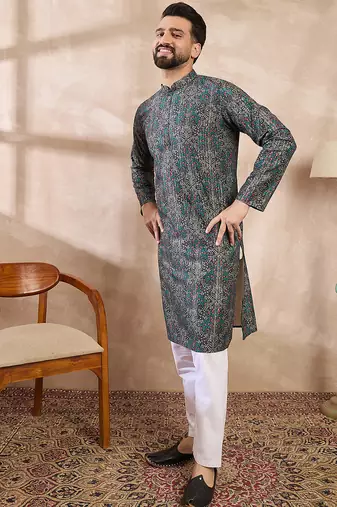 Men black silk blend floral printed straight kurta with trouser