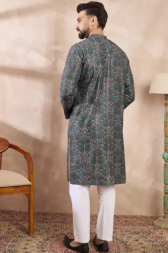 Men black silk blend floral printed straight kurta with trouser