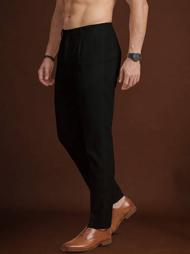 Men black poly silk solid ethnic trouser