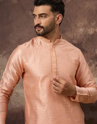Men peach silk blend solid woven design straight kurta 1