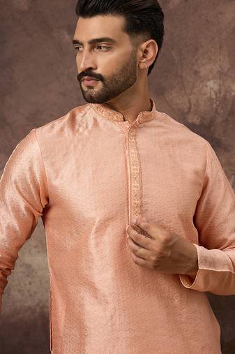 Men peach silk blend solid woven design straight kurta