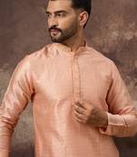 Men peach silk blend solid woven design straight kurta