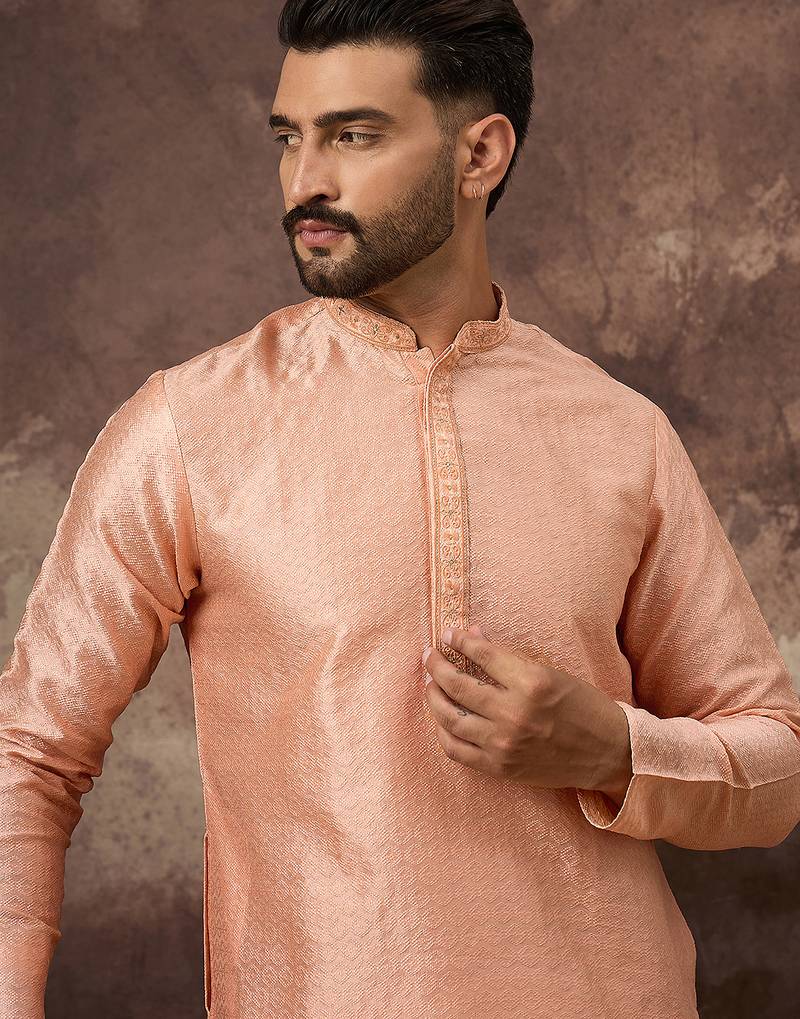 Men peach silk blend solid woven design straight kurta