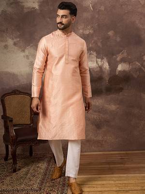 Men peach silk blend solid woven design straight kurta 2