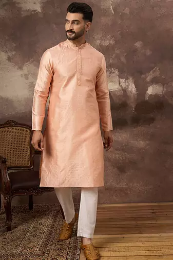 Men peach silk blend solid woven design straight kurta