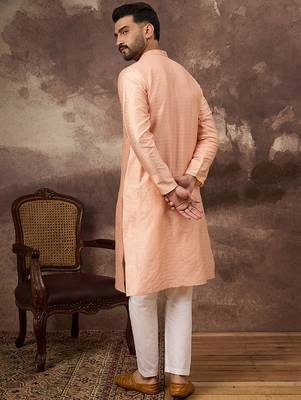 Men peach silk blend solid woven design straight kurta 4