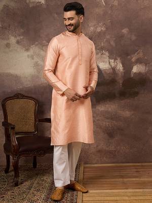 Men peach silk blend solid woven design straight kurta 5