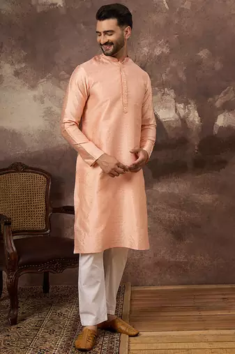 Men peach silk blend solid woven design straight kurta