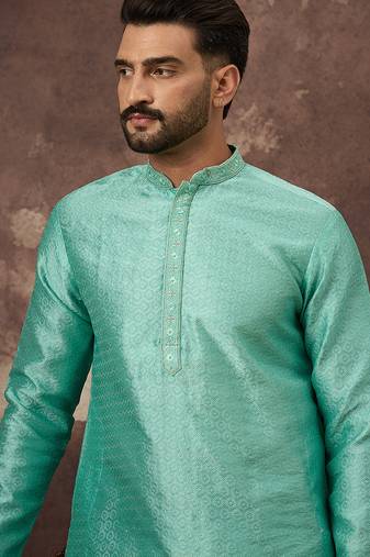 Men turquoise blue silk blend solid woven design straight kurta