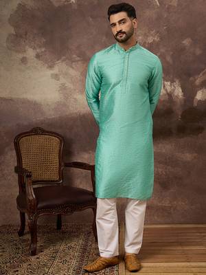 Men turquoise blue silk blend solid woven design straight kurta 2