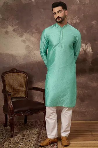 Men turquoise blue silk blend solid woven design straight kurta