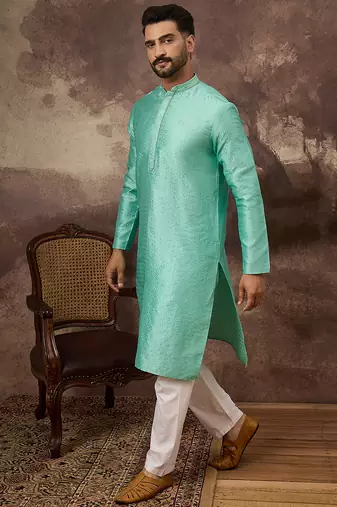Men turquoise blue silk blend solid woven design straight kurta