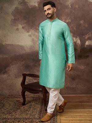Men turquoise blue silk blend solid woven design straight kurta 5