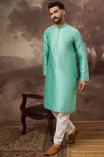 Men turquoise blue silk blend solid woven design straight kurta