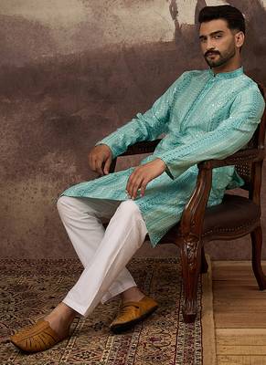 Men blue viscose rayon embroidered straight kurta 1