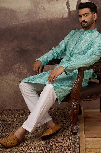 Men blue viscose rayon embroidered straight kurta