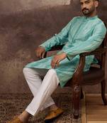 Men blue viscose rayon embroidered straight kurta