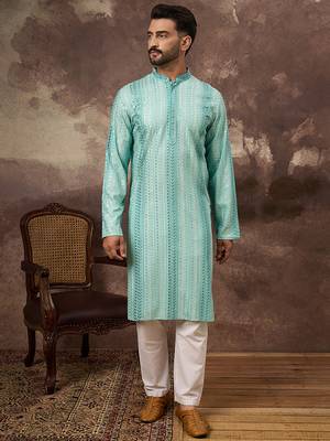 Men blue viscose rayon embroidered straight kurta 2