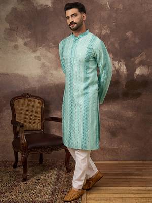Men blue viscose rayon embroidered straight kurta 3