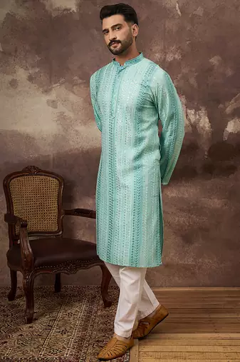 Men blue viscose rayon embroidered straight kurta