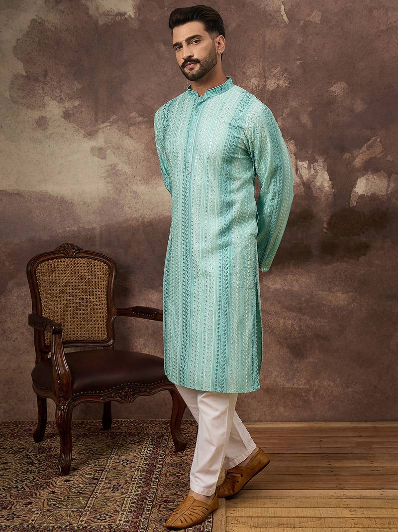Men blue viscose rayon embroidered straight kurta