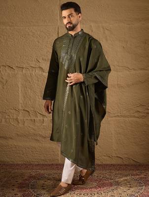 Men green silk blend embroidered straight kurta trouser with dupatta 3