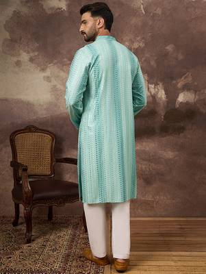Men blue viscose rayon embroidered straight kurta 4