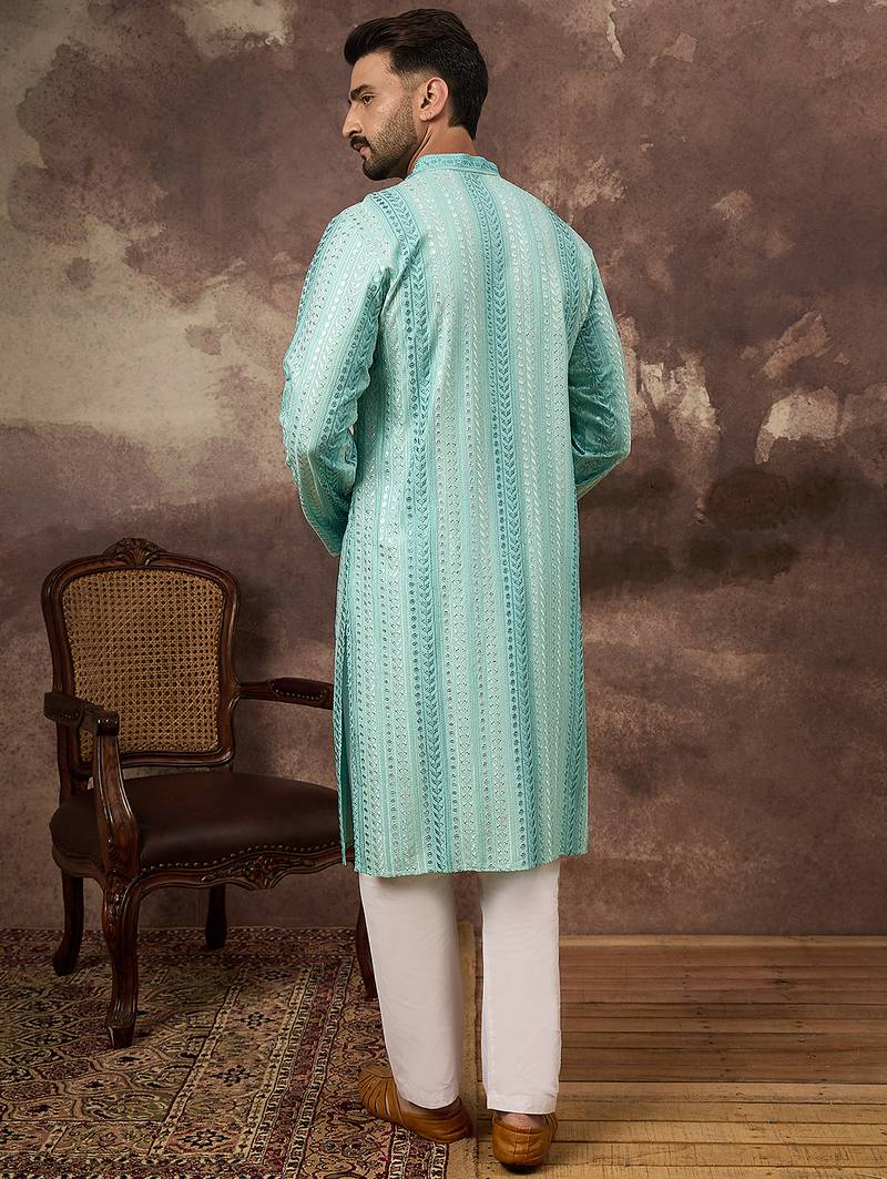 Men blue viscose rayon embroidered straight kurta